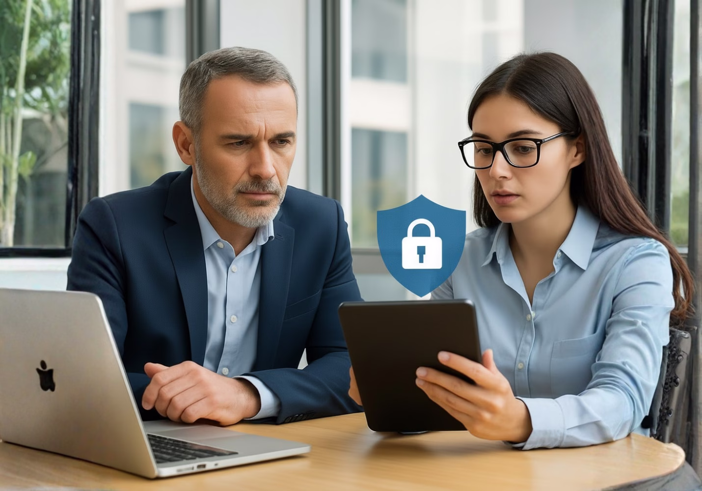 Geschäftsführerin und IT-Verantwortlicher im Gespräch über Cybersicherheitsmaßnahmen am Laptop